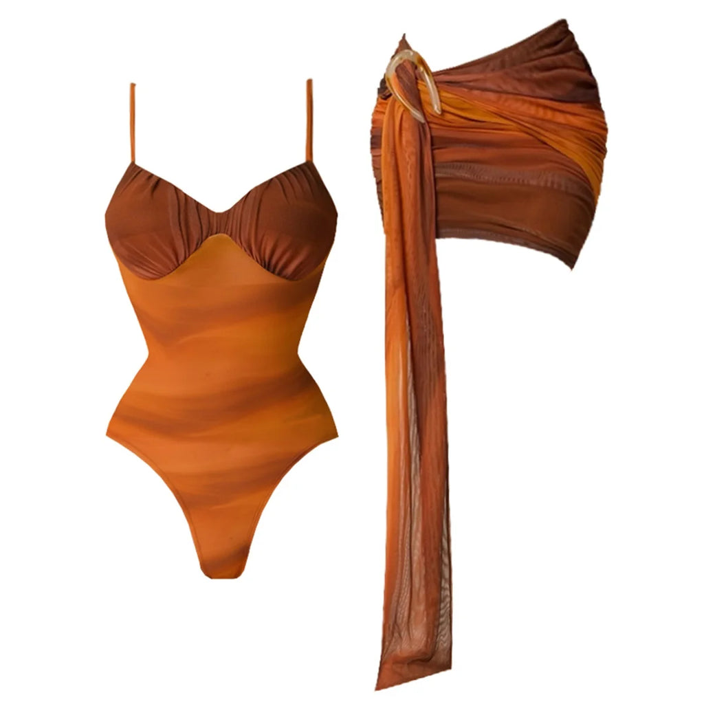 Push Up Bikini Set With Mesh Skirt For Women One Shoulder Bandeau Bathing Suit