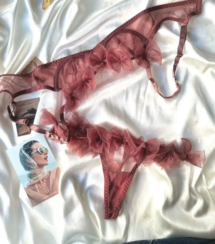 Flowery Sexy Mesh Lingerie Thong Set Hot Flirt Half Cup Ultra-thin Bra