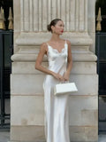 V-Neck Satin Sling Maxi Dress With Lace Patchwork Backless Evening Gown