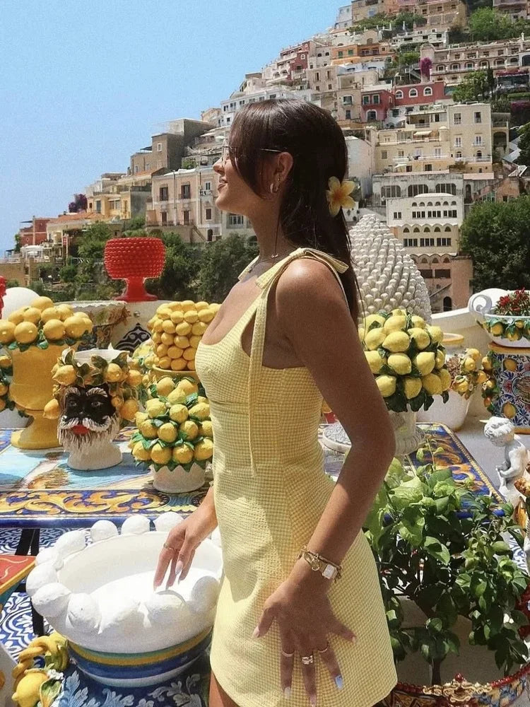 Sunny Yellow Camisole Dress For Women Mid Length Sleeveless Backless Collarless