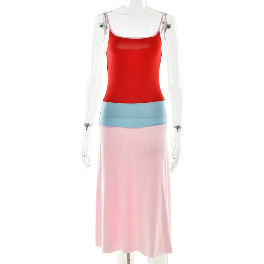 Colorful Spaghetti Strap Maxi Dress Slim Backless Sundress
