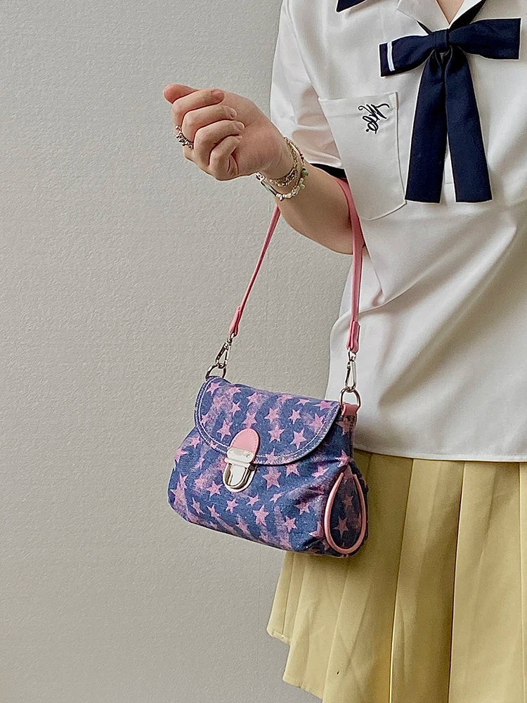 Contrast Color Star Print Crossbody Bag for Women Lightweight Shoulder Purse With Buckle
