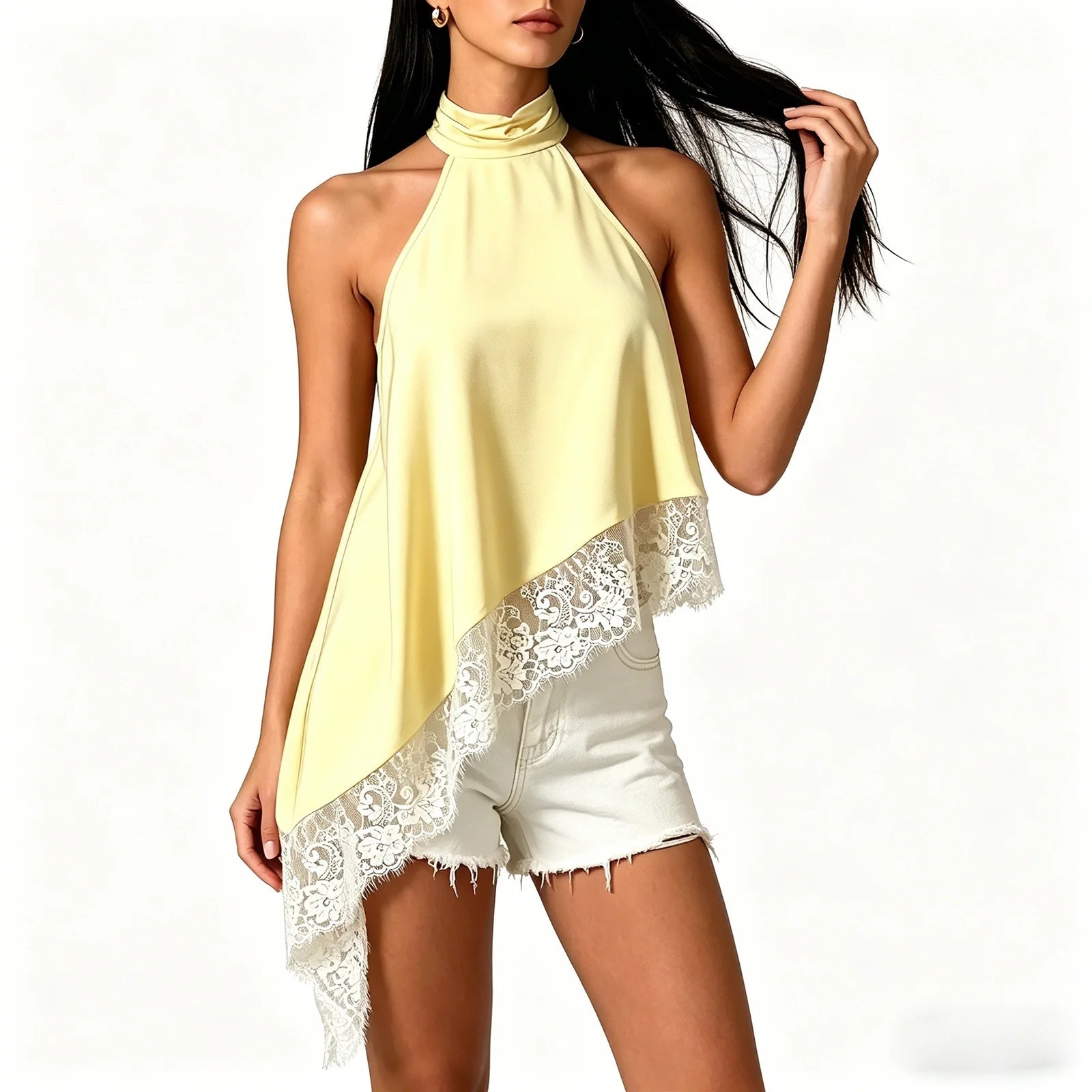 Halter Lace Trim Sleeveless Loose Fit Irregular Hem Shirt