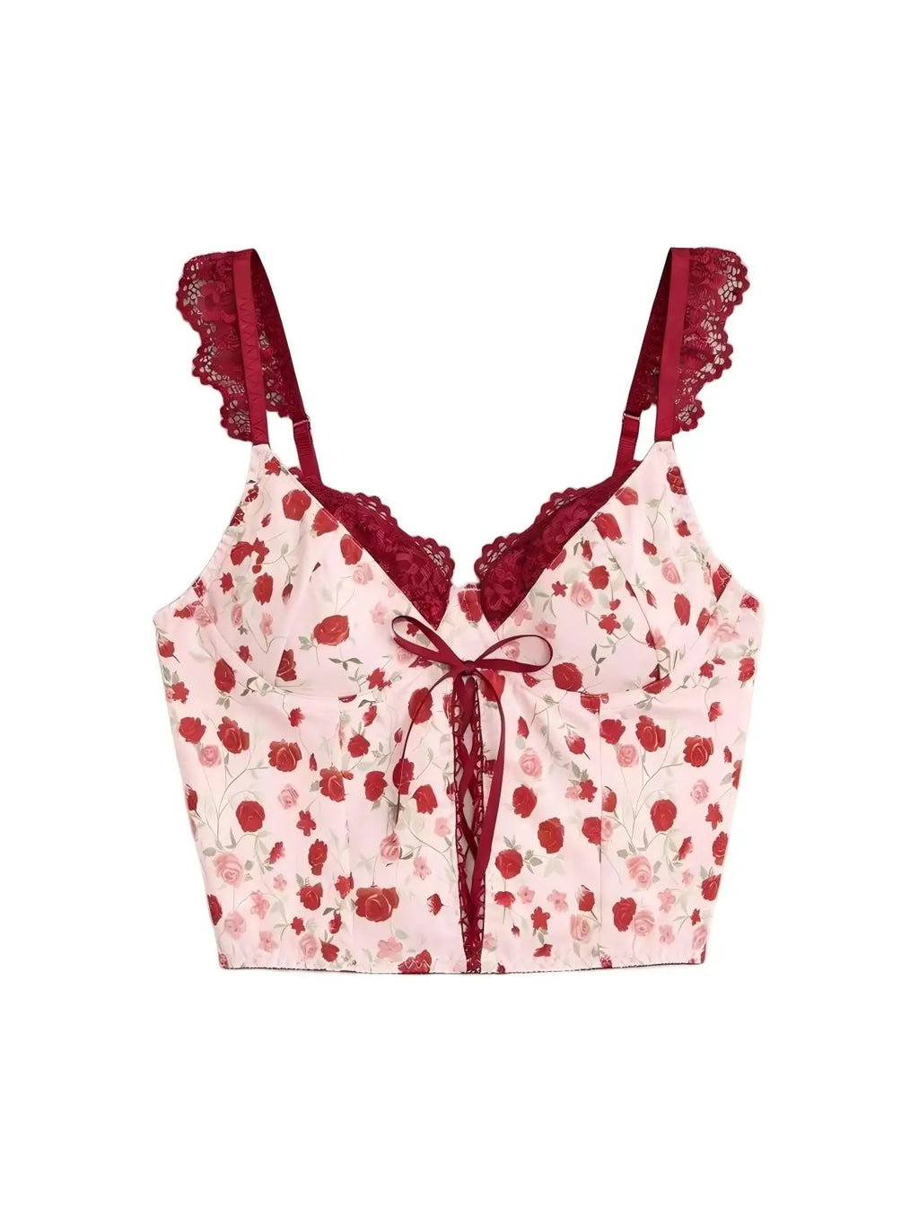 Women's Sweet Rose Floral Print Corset Top Lace Strap Bow Detail Bustier Crop Y2K Fashion Top