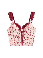 Women's Sweet Rose Floral Print Corset Top Lace Strap Bow Detail Bustier Crop Y2K Fashion Top