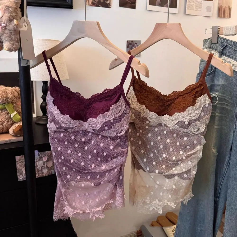 Lace Dots Wrapped Camisole With Pads Slim Fit Tank Top