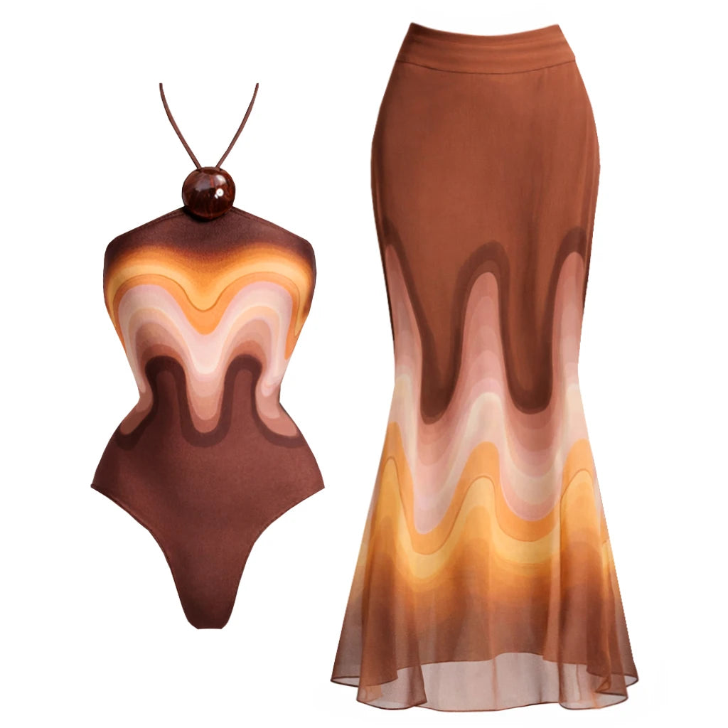Halter Bikini Set With Long Skirt Cover Up