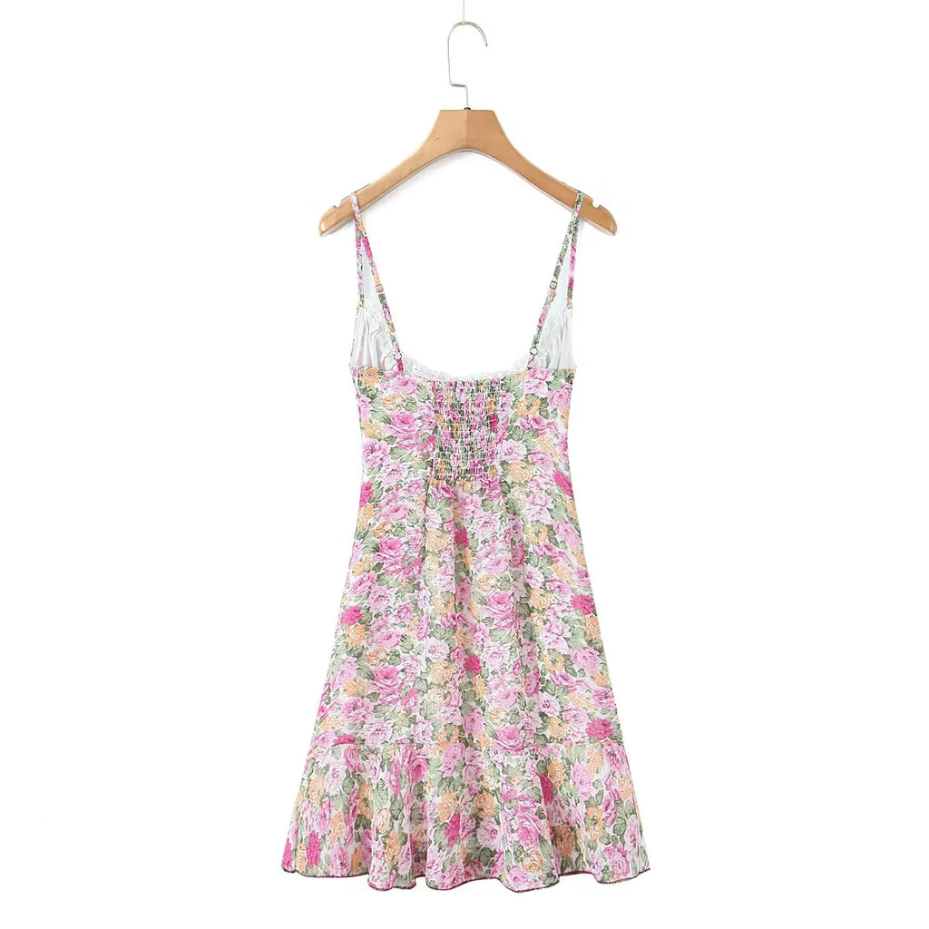 Floral Print Sexy Sling Mini Women Lace Spliced O Neck A-line Dress
