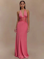 Backless Maxi Gown With Patchwork Lace Halter Neck Deep V And High Waist Elegance