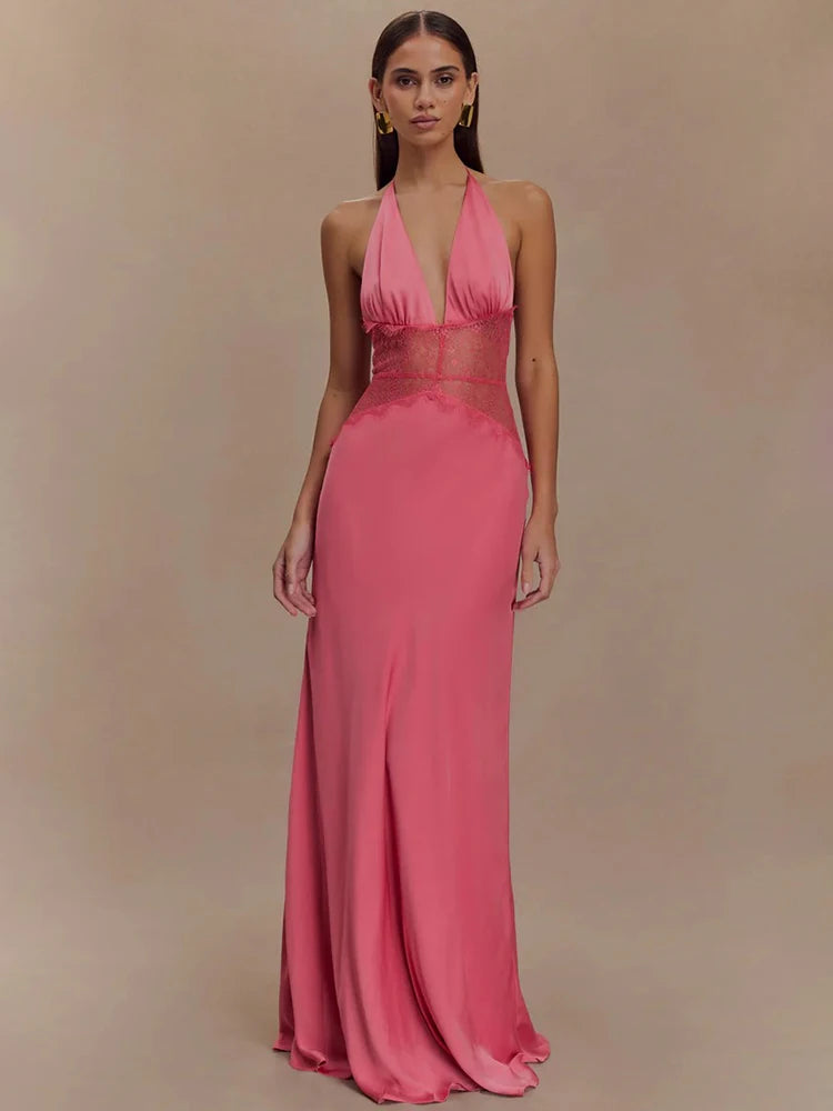 Backless Maxi Gown With Patchwork Lace Halter Neck Deep V And High Waist Elegance