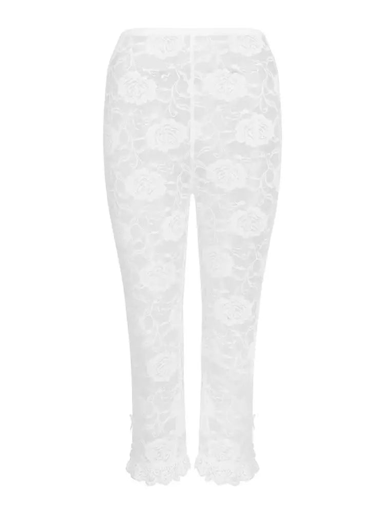Lace Capri Pants For Women With Elastic Waist Cropped See Through Design