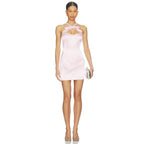 Bow Neck Evening Light Pink Satin Short Elegant Modern Formal Mini Gown