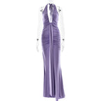 Deep V-Neck Backless Ruched Maxi Dress Halter Gown