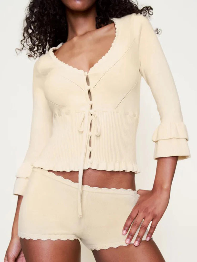 Hollow Crochet Knit Cropped Sweater in Beige and Red Long Sleeve Knit Top for Women