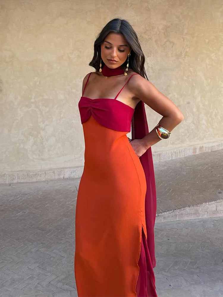 Orange Color Blocking Scarf Collar Maxi Dress For Lady Sleek Cinched Waist Bodycon Silhouette