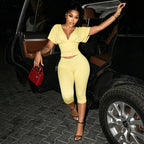 Two Piece Solid Color Set With Deep V Neck Ruched Crop Top And Capri Pants