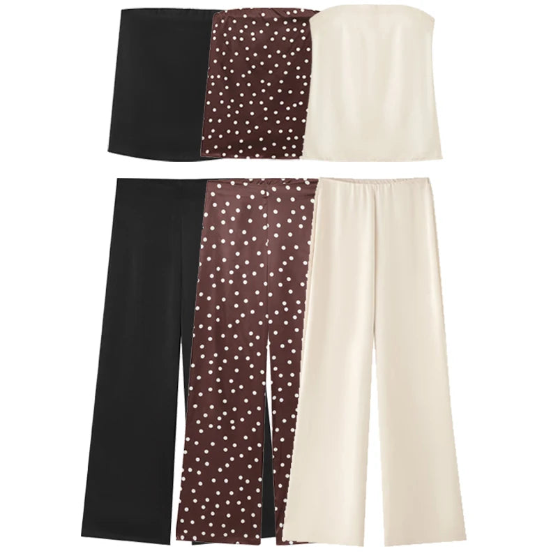 Elegant Satin Two Piece Set With Off Shoulder Top And High Waist Trousers