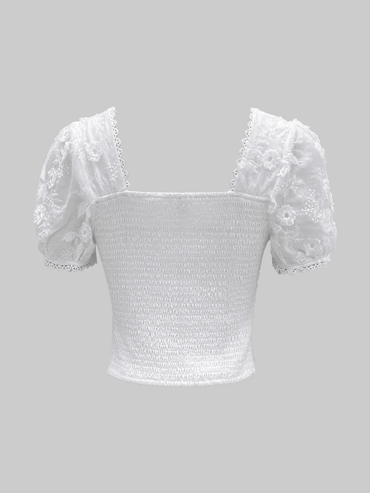 Romantic Lace Trim Hollow Out Top With Square Neck