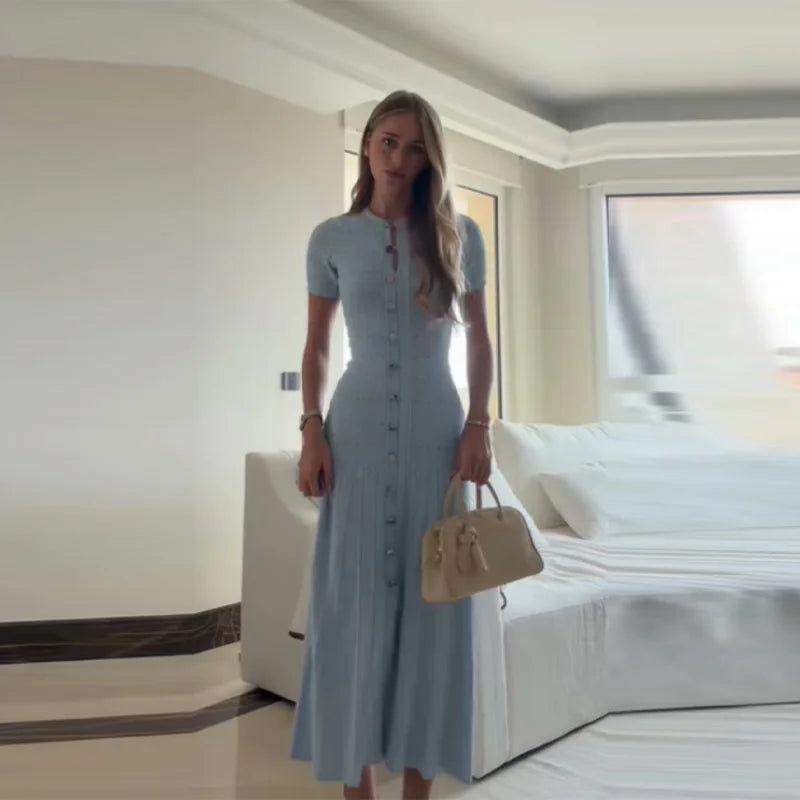 Baby Blue Knit Midi Dress With Button Front Short Sleeves Ruffles Slim Fit