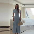 Baby Blue Knit Midi Dress With Button Front Short Sleeves Ruffles Slim Fit
