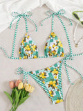 Sexy Fruits Pprint Striped Bikinis Set Two-pieces Back Tie Thong