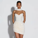 Sequin Patchwork Strapless Mini Dress Off Shoulder With Scarf Collar And Pleated Waist Cinch