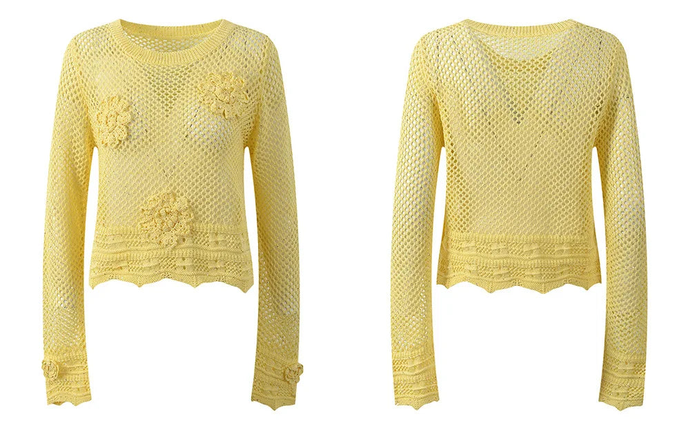 Sunlit Hollow Knit Top Elegant Long Sleeve Jumper Lightweight Sweater