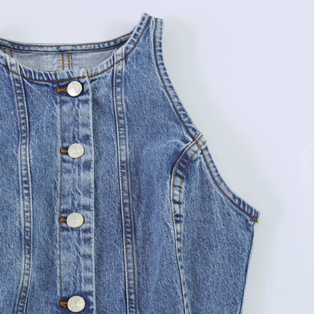 Casual Denim Mini Dress For Women Sleeveless Round Collar Single Breasted Slim Fit