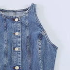 Casual Denim Mini Dress For Women Sleeveless Round Collar Single Breasted Slim Fit
