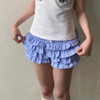 Layered Ruffle Plaid Shorts Lolita-Inspired Vintage Bloomers with Low Waist