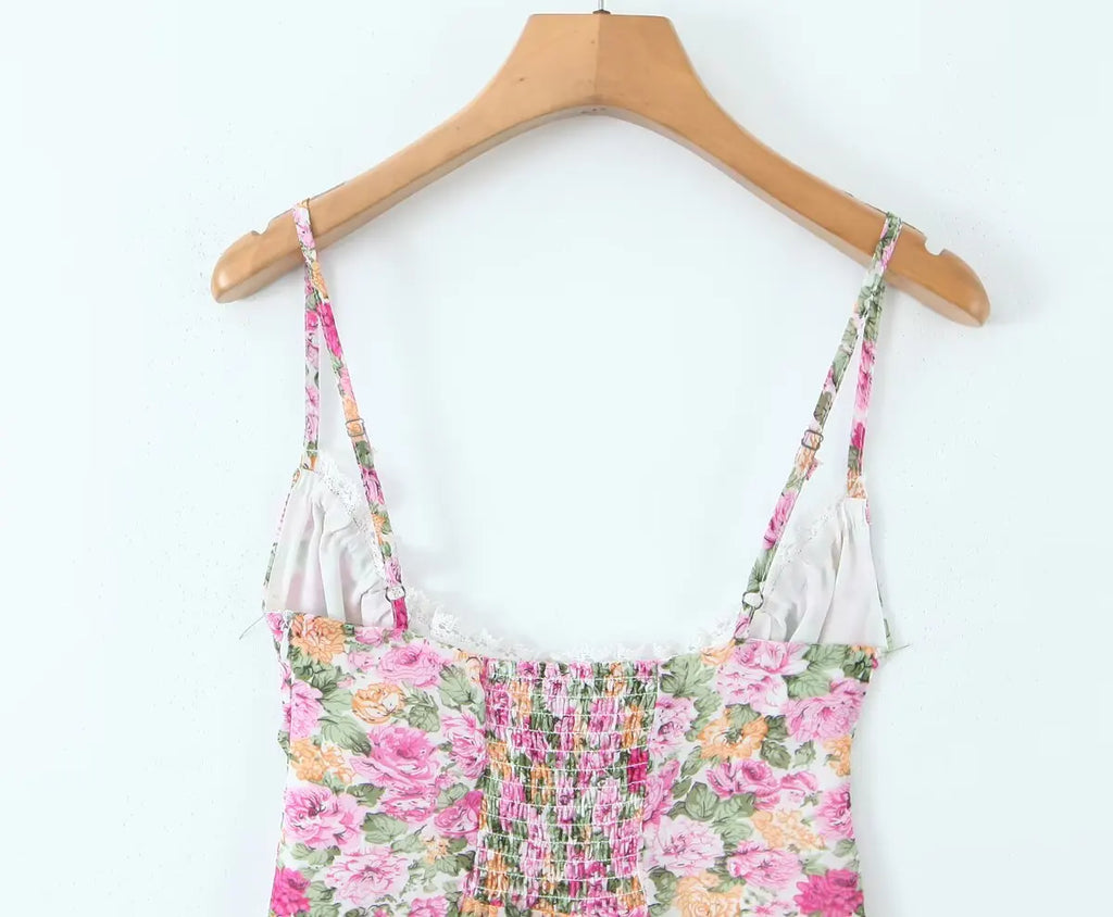 Floral Print Sexy Sling Mini Women Lace Spliced O Neck A-line Dress
