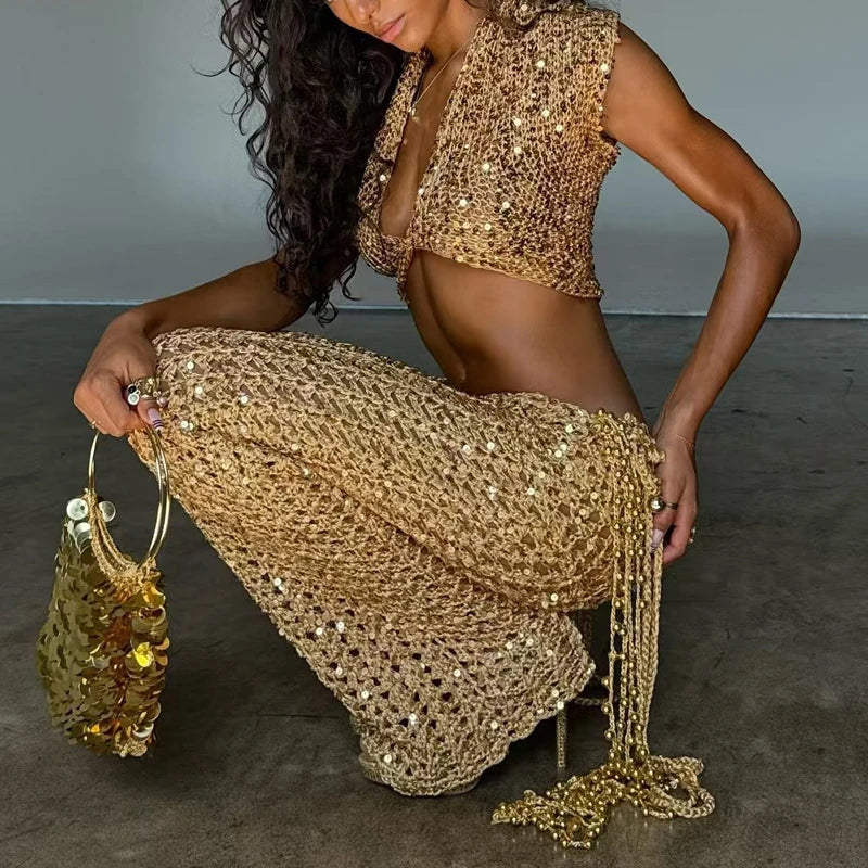 Sequined Set With Tassel Mini Skirt And V Neck Crop Top