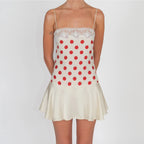 Polka Dot Satin Cami Dress With Lace Trim And Ruffle Hem Mini