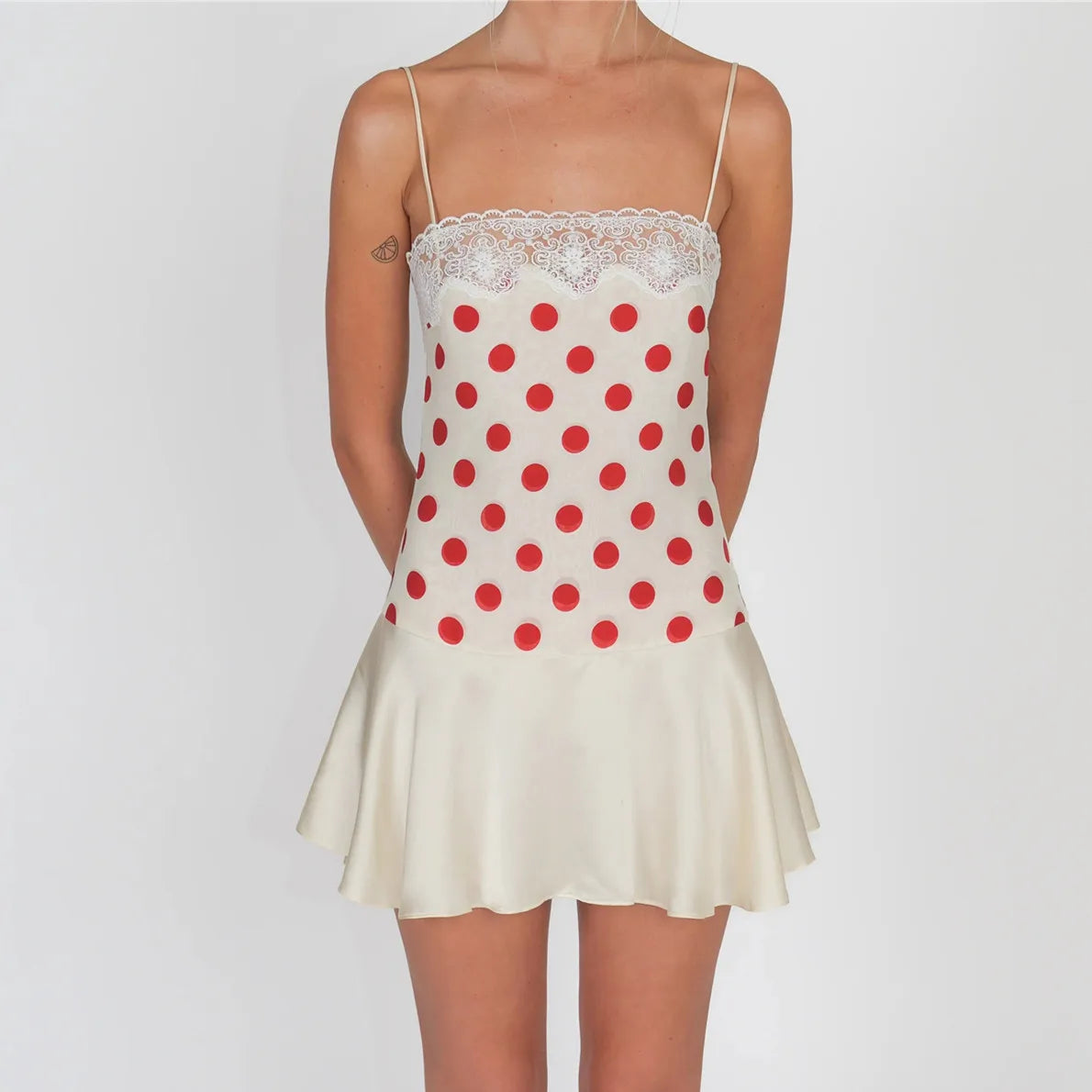 Polka Dot Satin Cami Dress With Lace Trim And Ruffle Hem Mini