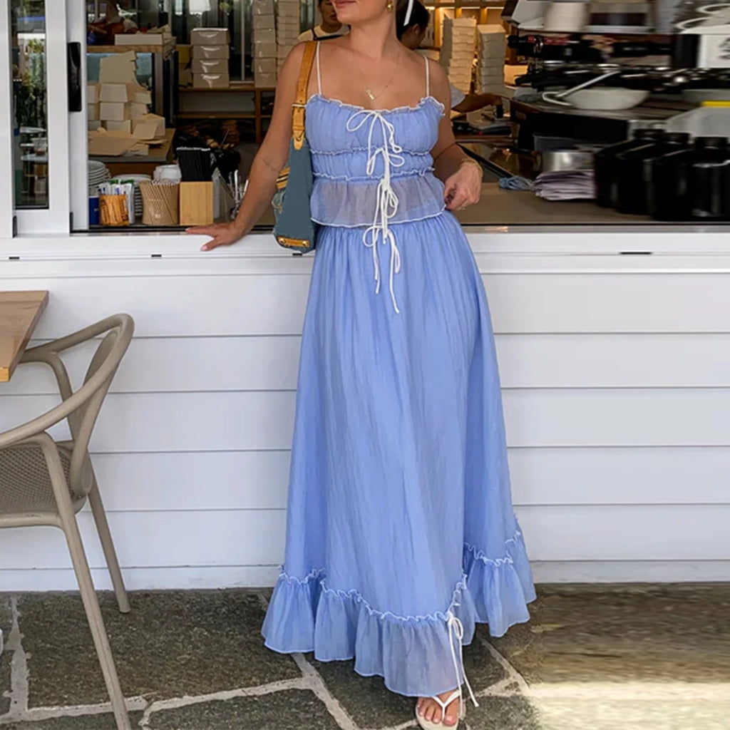 Patchwork Tie Up Camisole Set With Ruched Ruffle Maxi Skirt