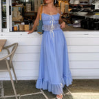 Patchwork Tie Up Camisole Set With Ruched Ruffle Maxi Skirt