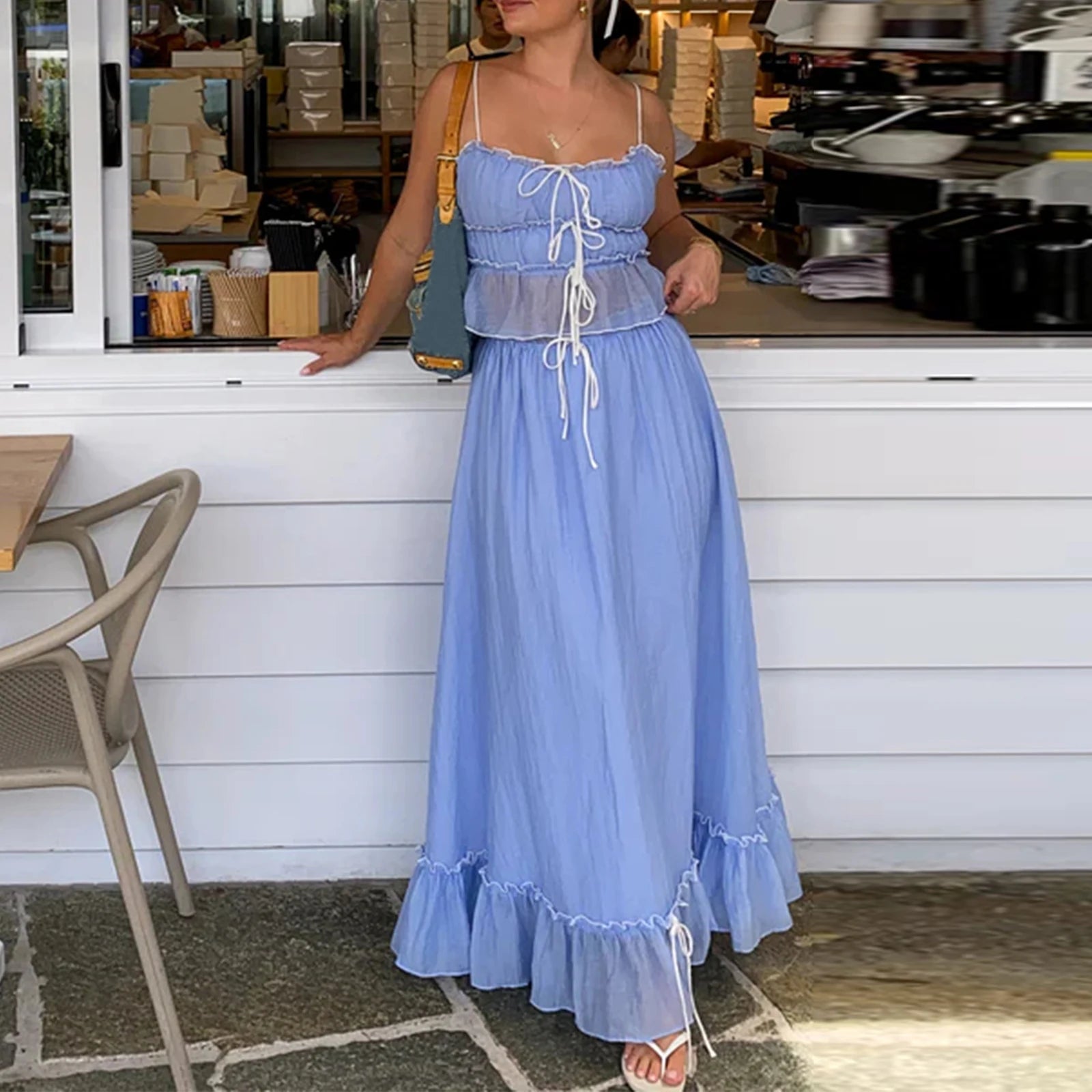 Patchwork Tie Up Camisole Set With Ruched Ruffle Maxi Skirt