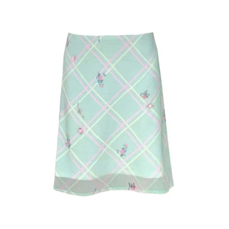 Sweet Vintage Elegant Floral Plaid Skirt In Green With Mesh Detail