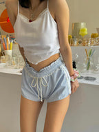 Vintage Kawaii Ruffles Lace Trim Striped Shorts With Drawstring For Cozy Cottagecore