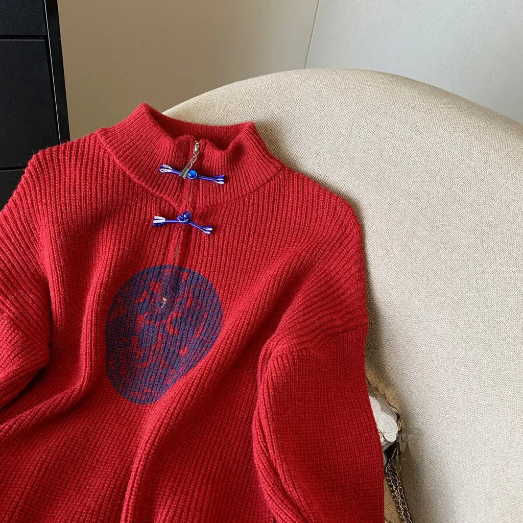 Vintage Knit Sweater With V Neck And Loose Fit