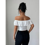 Hollow Jacquard Off Shoulder Top In