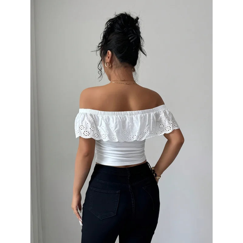 Hollow Jacquard Off Shoulder Top In