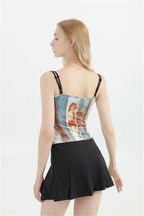 Flirty Vintage Graphic Spaghetti Strap Cami Top With Off Shoulder Flair