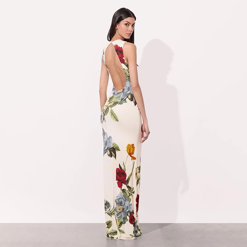 Floral Garden Maxi Dress With Round Neck Sleeveless Slim Fit Elegant Style