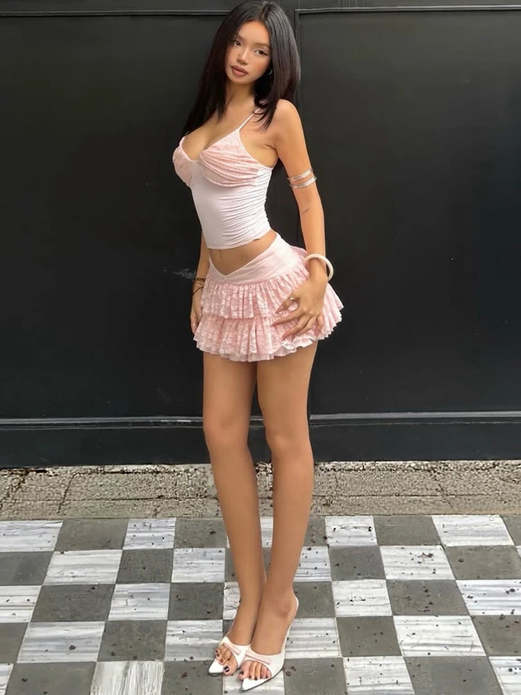 Retro Style Set For Summer Elegant Backless Camisole Top And Tiered Mini Skirt