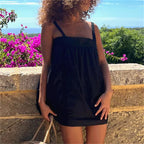 Lace Trim Mini Dress With Ruffle Babydoll Silhouette Spaghetti Strap Boho Sundress