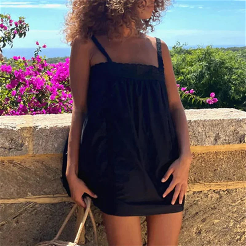 Lace Trim Mini Dress With Ruffle Babydoll Silhouette Spaghetti Strap Boho Sundress