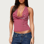 Striped Lace Up Halter Crop Tank With Open Back