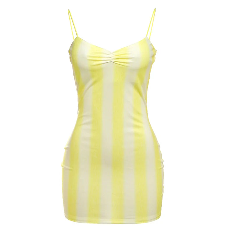 Striped Spaghetti Strap Dress With Pleated Backless Mini Bodycon