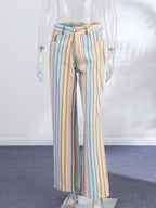 Vivid Multicolor Stripe Wide Leg Jeans With Pockets Low Waist Denim Trousers